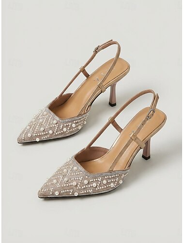  Damklackade slingback-skor med pärlprydda spetsiga tår – pärlprydda pumps för trädgårdsbröllopsgäster &eleganta sommarevenemang