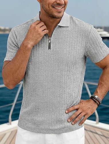  Per uomo Polo Polo con zip Casuale Quotidiano Zip a un quarto Manica Corta Moda Essenziale Semplice Jacquard Cerniera Estate Primavera Vestibilità regolare Nero Bianco Borgogna Blu marino Kaki Verde