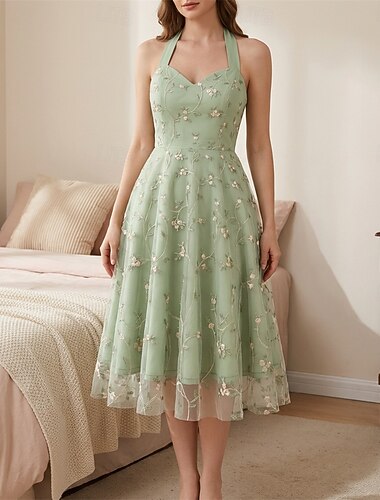  1950-tallet Retro / vintage Middag Kjoler Swing kjole Flare kjole Ermeløs Broderi Blomstret Trang og vid passform Huske Grimehals Kostyme Dame Avslappet Te Fest Voksne Kjole Vår sommer