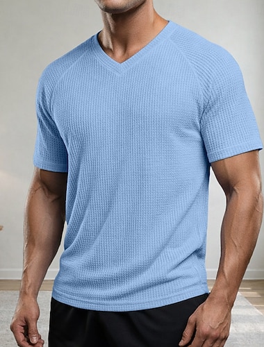  Herren Waffel T-Shirt T-Shirt Kurzarm V Ausschnitt Sommer Frühling Ganzjahres Einfarbig Mode Designer Lässig Raglanärmel Lässig Täglich Outdoor Hellblau Schwarz Weiß Top T-Shirt für Herren