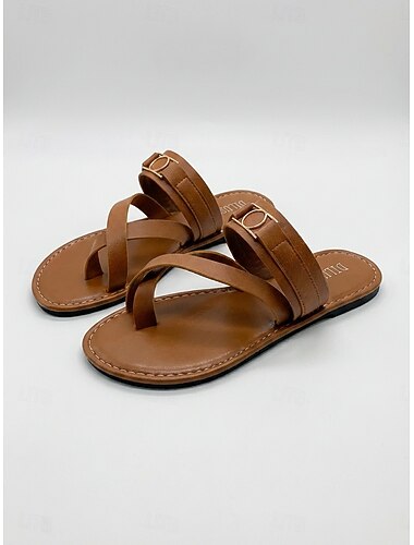  sandálias femininas marrons com tiras rasas – sandálias gladiadoras casuais de verão com bico aberto e tira no tornozelo para praia, viagens e uso diário