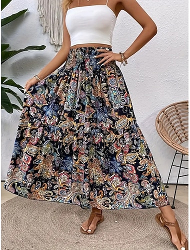  Damen Urlaubsrock Bohemien Vintage Lässig Maxi Hohe Taille Röcke Paisley-Muster Druck Dehnbar Täglich Straße Schwarz Wein Rote Orange Sommer Polyester