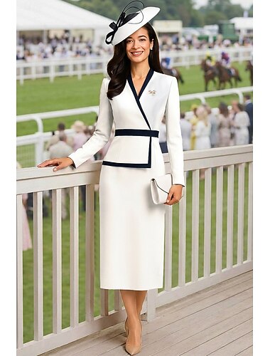  Åtsmitande Ankellång Festklänning Cocktail klänning Bröllopsgästklänning Klänning till brudens mor Långärmad V-hals Elegant Vintage cocktail Formell Satäng med Färgblock