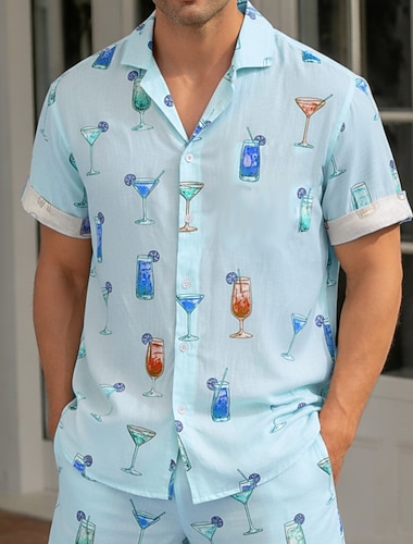  Herre Drikke Hawaii skjorte Tropiske skjorter Aloha skjorte Kortermet Hawaiisk Feriereise Ferie Strand Klær Sommer Vår Aftæpning 3D-utskrift Skjorter med knapper Blå Rosa