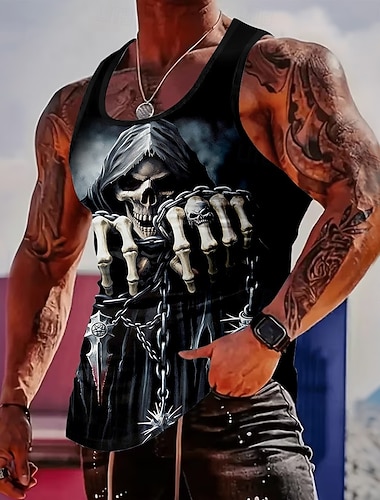  Herren-Tanktop mit Totenkopf, Skeletthänden und Ketten im Gothic-Horror-, Dark-Biker-, Rock- und Metal-Stil. Grafik-Motiv, figurbetont, ärmellos, für Fitnessstudio, Fitness, Streetwear, Freizeit und