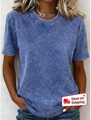  Camiseta Feminina 100% Algodão Camisa Vintage Lavada Tops Tee Top Liso Moda Vintage Estilosa Manga Curta Decote Redondo Tops Regulares Diários Saindo Final de Semana Azul Preto Roxo Fúcsia Laranja