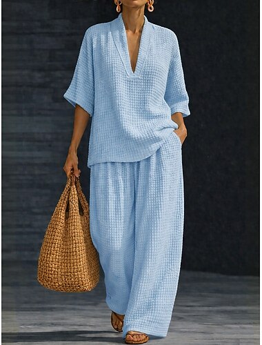  Mulheres Conjuntos de duas peças Manga Curta Decote V Côr Sólida Elegante Férias Diário Diário Final de semana Azul Branco Verde Claro Primavera Verão Ajuste Largo
