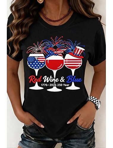  Amerykański Dzień Niepodległości Damskie Podkoszulek Nadruk Graficzny Flaga Litera Zabytkowe Moda Elegancki Krótki rękaw Półgolf Okrągły dekolt Długie topy Codzienny Weekend Czarny Biały Biały 2 Lato