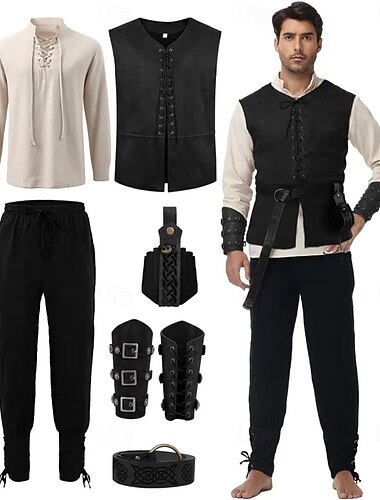  Średniowieczne Renesansowa Spodnie Kamizelka Pasek taliowy Długie rękawy Pirat Wiking Ranger Wiązanie Strój na bal maskowy Męskie Piracki Bal maskowy Impreza Targi Renesansu LARP Dla dorosłych