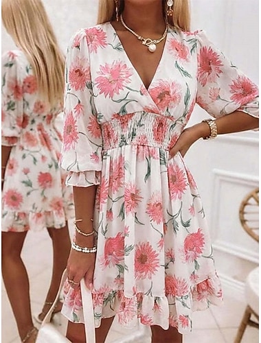  Naisten Mini mekko A linjainen mekko Loma Vapaa-aika ulko- Bile Normaali istuvuus Kukka Kuvitettu 3/4 hiha V kaula-aukko Sininen Punastuvan vaaleanpunainen Taivaan sininen Purppura Kesä Kevät