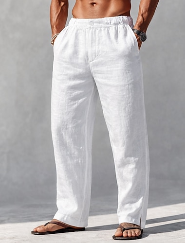  Herren Leinenhosen Hose Sommerhose Kordelzug Elastischer Bund Gerader Schnitt Einfach Komfort Atmungsaktiv Volle Länge Lässig Täglich Outdoor Mode Klassicher Stil Blau Schwarz Unelastisch