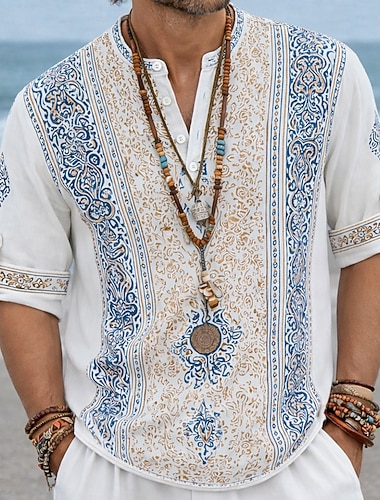  Herren Ethnisch Komplizierte Blumen Hemd Knopfhemd Henley Hemd Langarm Vintage-Retro Lässig Urlaub Hochzeit Sommer Frühling Mandarinkragen Stehkragen 3D-Druck Leinenähnliches Hemd Weiß Rosa Grün Hell