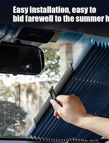  Uitschuifbaar zonnescherm voor de autoruit, universeel accordeonvormig geplooid zonnescherm voor de voorruit dat UV-straling blokkeert. &Hittebestendig, eenvoudig te installeren met zuignappen,