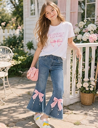  2 Stück Kinder Mädchen Buchstabe T-Shirt & Hose einstellen Kurzarm Urlaub Lässig Ab 4 Jahren Sommer Weiß