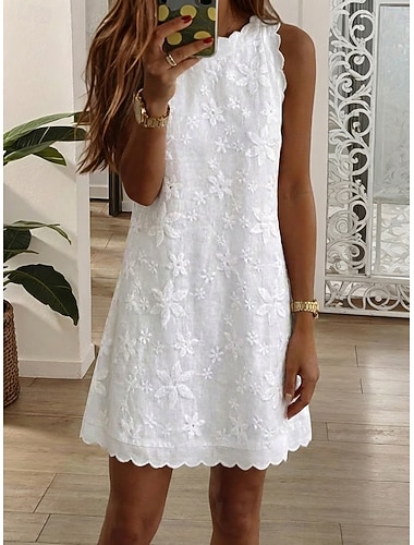  Damen Minikleid Spitzenkleid Weißes Kleid Elegant Strand Urlaub Ferien Normale Passform Blumen Ärmellos Rundhalsausschnitt Blau Weiß Rosa Sommer Frühling