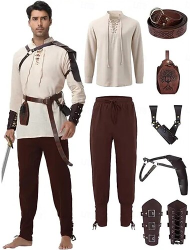  Středověké Renesanční Kalhoty Pásek Tričko Dlouhé rukávy Šněrování Maškarní kostým Pánské Plesová maškaráda Párty Renesanční jarmark LARP Dospělé Tričko Kalhoty Chrániče na ramena Celý rok