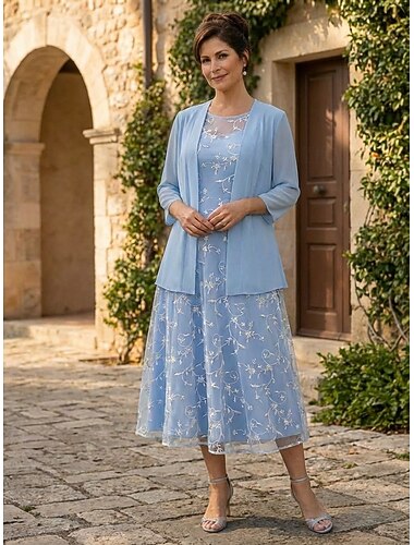  Zweiteilig A-Linie Knöchellänge Tee-Länge Kleid für Hochzeitsgäste Brautmutterkleid Ärmellos Dreiviertelarm Rundhalsausschnitt Elegant Einfach Minimalistisch Formell Semi-Formal Chiffon Spitze mit