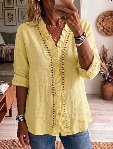  Dam Skjorta Skjortor med linnekänsla Lappverk Broderad Ensfärgat Slät Elegant bohemliv Semester Nedvikt Långa toppar Ledigt Blå Gul Rodnande Rosa Sommar Vår