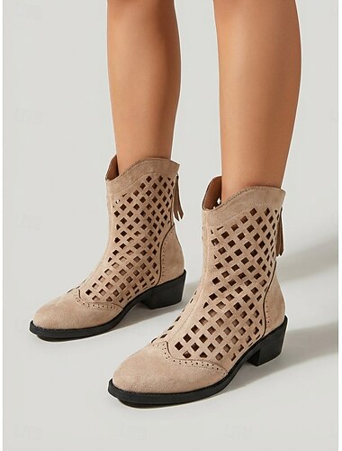  Stivaletti da donna con ritagli – stivaletti estivi in camoscio traforato, scarpe boho chic per festival musicali, eventi all'aperto e viaggi.
