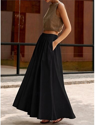 Γυναικεία Φούστα διακοπών Κομψό Βίντατζ Μοντέρνα Καθημερινό Μακρύ Μεσαία Μέση Φούστες Flowy Ανελαστικό Μαύρο Λευκό Καλοκαίρι