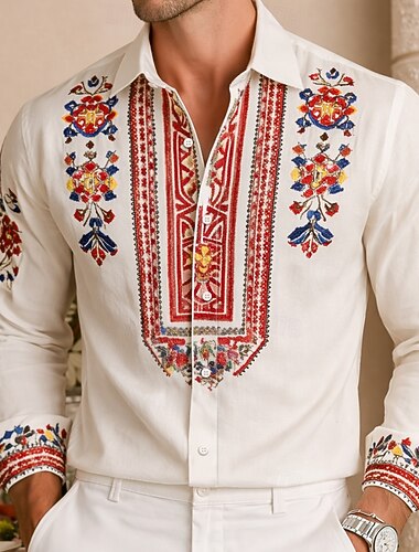  Per uomo Etnico Floreale intricato Fiori Camicia Camicia con Bottoni Manica Lunga Vintage Retrò Casuale All'aperto Ferie Primavera Autunno Collo ripiegato Stampa 3D Camicia tipo lino Blu Viola Verde