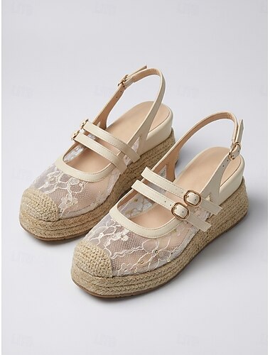  Espadrilles compensées blanches en dentelle et résille pour femmes - élégantes sandales à plateforme brodées de fleurs avec double boucle réglable, idéales pour les croisières de luxe et les soirées