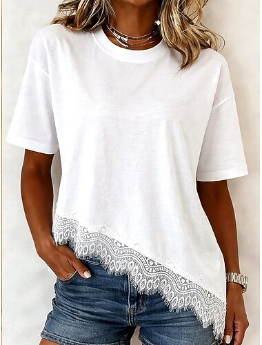  Dames Elegant Tuniek T-shirt Asymmetrische zoom Effen Elegant Bohemen Korte mouw Strakke ronde hals Lange tops Casual Zwart Wit Zomer Lente