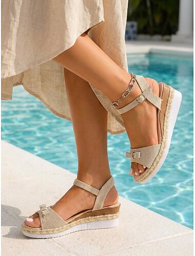  Canvas sandalen met strik en sleehak voor dames - comfortabele espadrilles met platformzool en gespbandje rond de enkel, ideaal voor een vakantie aan het zwembad of een dagje strand in een
