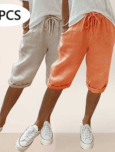 Dámské Capri kalhoty Kraťasy Letní šortky 100% Bawełna prázdniny Módní Běžné Denní Délka kolen Přírodní Jednobarevné Šňůrky Kapsy Elastický pas Prodyšnost Pohodlné Neelastické Dovolená Běžné / Denní