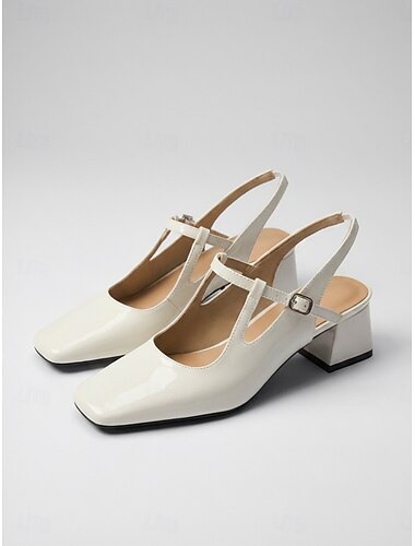  Beige pumps van lakleer voor dames - elegante blokhakken met vierkante neus voor dagelijks comfort en casual outfits. &professionele kantoorkleding
