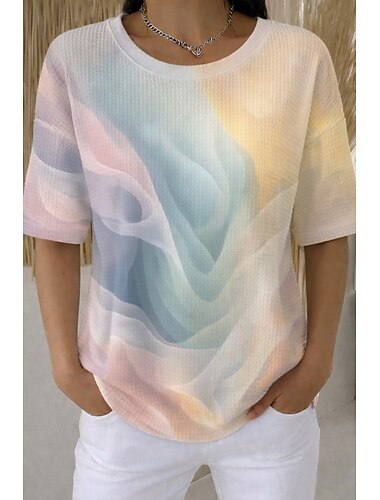  Damen Waffel T-Shirt Stricktops mit Textur Sommeroberteile Druck Grafik Geometrisch Abstrakt Stilvoll Klassisch Kurzarm Rundhalsausschnitt Rundhals Lange Oberteile Lässig Täglich Weiß / Schwarz Grün