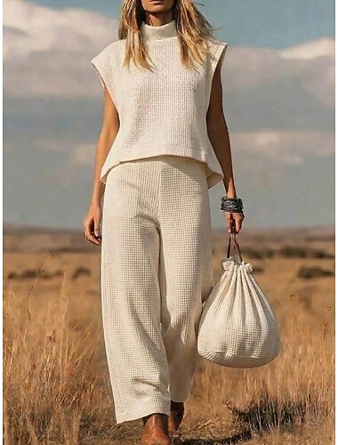  Dames Tweedelige sets Mouwloos Korte mouw Ronde hals Effen Kleur Effen Elegant Vakantie Dagelijks Dagelijks Weekend Wit Lichtgroen Blozend Roze Zomer Ruim Passend