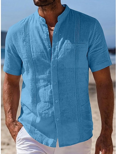  Herren Hemd Leinenhemd Sommerhemd Strandhemd Sommer Hawaiihemd Einfarbig Täglich Strand Blau Dunkelgelb Schwarz Marineblau Kurzarm Kragen Frühling & Sommer Bekleidung Gerafft