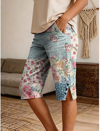  Dámské Bavlněné plátěné šortky Capri kalhoty Legíny prázdniny Vinobraní ve stylu pobřežní babičky Telecí délka Středně vysoký pas Květinový Grafika Tisk Pohodlné Neelastické Denní Venkovní ulice