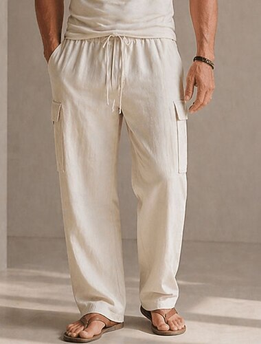  Homme Pantalons Cargo Pantalons en Lin Pantalons Pantalon d'été Cordon de serrage Taille Élastique Multi-poches Uni Confort Doux Longueur complète Quotidien Extérieur Fête Mode Style Classique Blanche