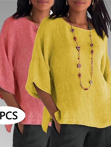  Lot de 2 chemises pour femmes, blouses longues en coton mélangé, manches courtes, col rond, style basique décontracté, coloris jaune + bleu et jaune + rose.