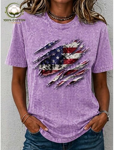  Koszulka damska z 100% bawełny na Dzień Niepodległości Amerykańskiej z nadrukiem graficzny flaga amerykańska flaga modna podstawowa klasyczna krótki rękaw okrągły dekolt regularne bluzki casual na co