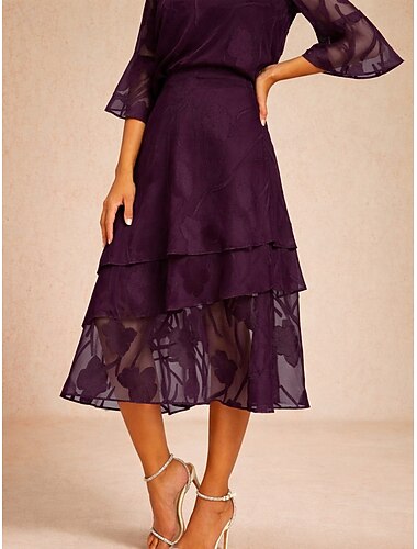  Damen Chiffonrock Elegant Midi Mittlere Hüfthöhe Röcke Geschichtet Unelastisch Hochzeitsgast Königliches Lila Sommer Polyester