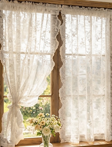 vita spetsgardiner blommiga broderade fönstergardiner ljusfiltrerande stångficka vintage transparenta draperier för sovrum vardagsrum lantlig inredning