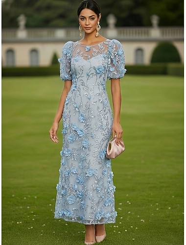  Schlauchkleid Knöchellänge Spitzenkleid Cocktailkleider Elegant Vintage Blumen Kurzarm Ein-Schulter Gartenparty Hochzeit Satin Tüll mit 3D-Blumen Schleife(n)