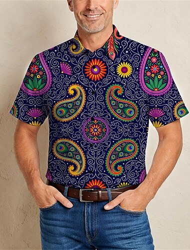  Retro / vintage Hippie 1970erne قميص Korte ermer Hippie Paisly Kostyme Herre musikk festival Fest Dagligdagstøy Voksne Trøye Vår sommer