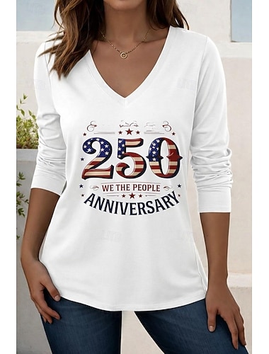  Onafhankelijkheidsdag Amerikaanse Dames T-shirt Print Geometrische Nationale Vlag Elegant Vintage Stijlvol Lange Mouw Crew Neck V-Hals Reguliere Tops Dagelijks Weekend Blauw Zwart Wit Rood Zomer Lente