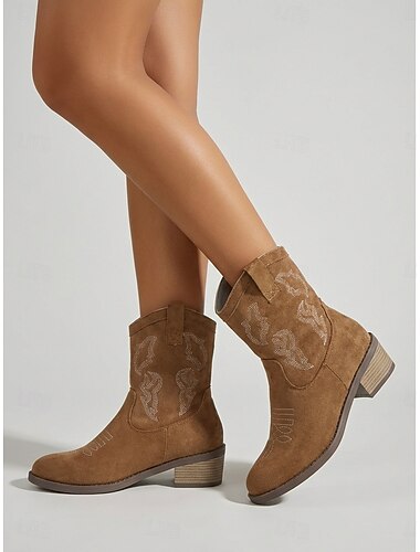 Klassieke bruine suède westernlaarzen voor dames - vintage cowboy enkellaarzen met retro borduurwerk &Blokhak voor openluchtmuziekfestivals en countryconcerten. &boho zomeroutfits