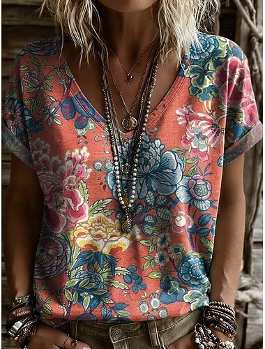  Dames T-shirt Afdrukken Bloemig Grafisch Tribal Stijlvol Klassiek Casual Korte mouw V-hals Lange tops Casual Dagelijks Grijs-Groen Paars Oranje Zomer Lente