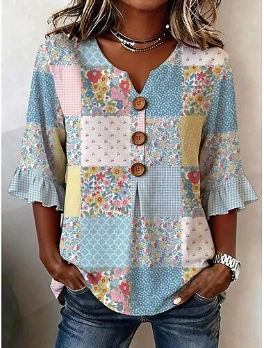  Naisten Paita Kukka Kuvitettu Vintage Tyylikäs Pitkähihainen Pitkät topit Kausaliteetti Päivittäin Pyhäpäivä Sininen Ruohonvihreä Tumman vihreä Kesä Kevät