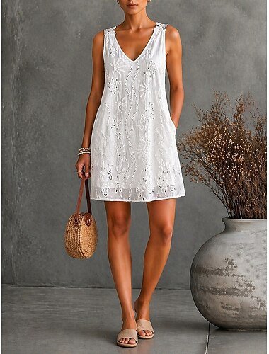  女性用 ひざ丈ドレス レースドレス 白いドレス ファッション 近代の アウトドア 週末 レギュラー 平織り ノースリーブ Ｖネック ホワイト 夏 春