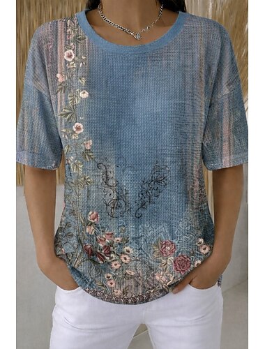  Dames Wafel T-shirt Gebreide tops met textuur Zomer tops Grafisch Geometrisch Stijlvol Klassiek Korte mouw Strakke ronde hals Ronde hals Lange tops Casual Dagelijks Licht Paars Licht Blauw Zomer