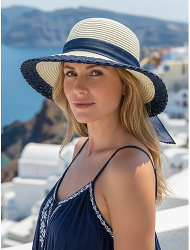  Dame bohemsk stråsolhatt, bred brem, flere farger, sløyfedekorasjon, lett sommerstrandhatt, ferie, utendørs fritidsklær