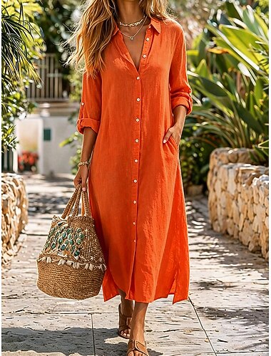  Dames Halflange jurk Jurken van katoen en linnen Hemdjurk Basic Dagelijks Ruim Passend Effen Lange mouw Overhemdkraag Zwart Wit Licht Bruin Oranje Zomer Lente Herfst