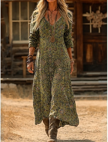  Per donna Abito maxi Vestito Estivo Vacanza Casual Boho Quotidiano Vestibilità regolare Floreale Geometrico Manica Lunga Scollo a V Rosso Viola Verde Estate Primavera